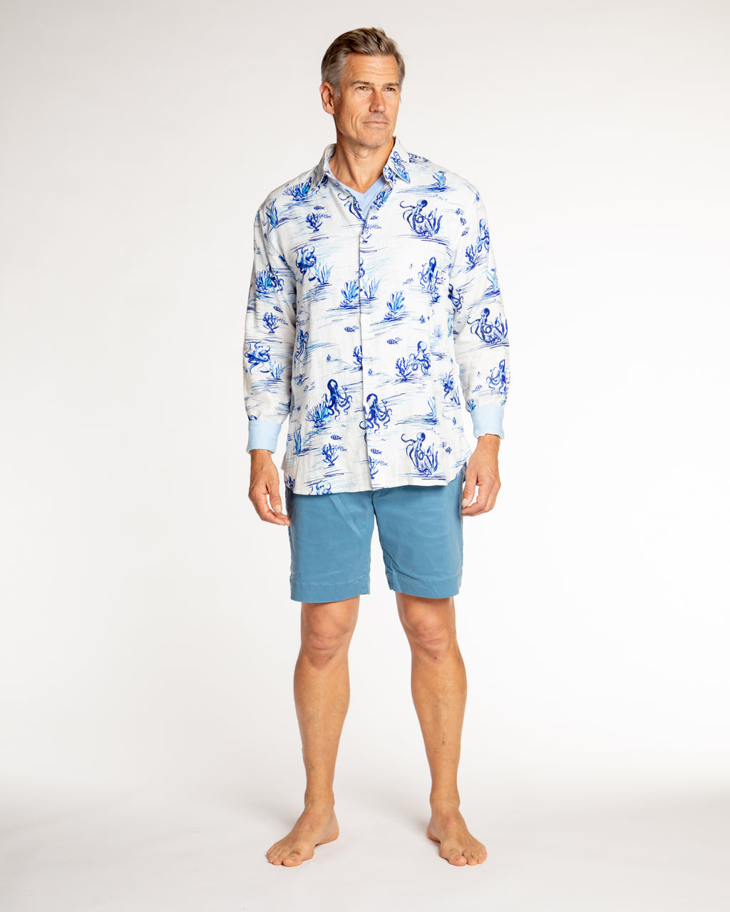 Men's Printed Linen Long Sleeve Shirt - Octopi White