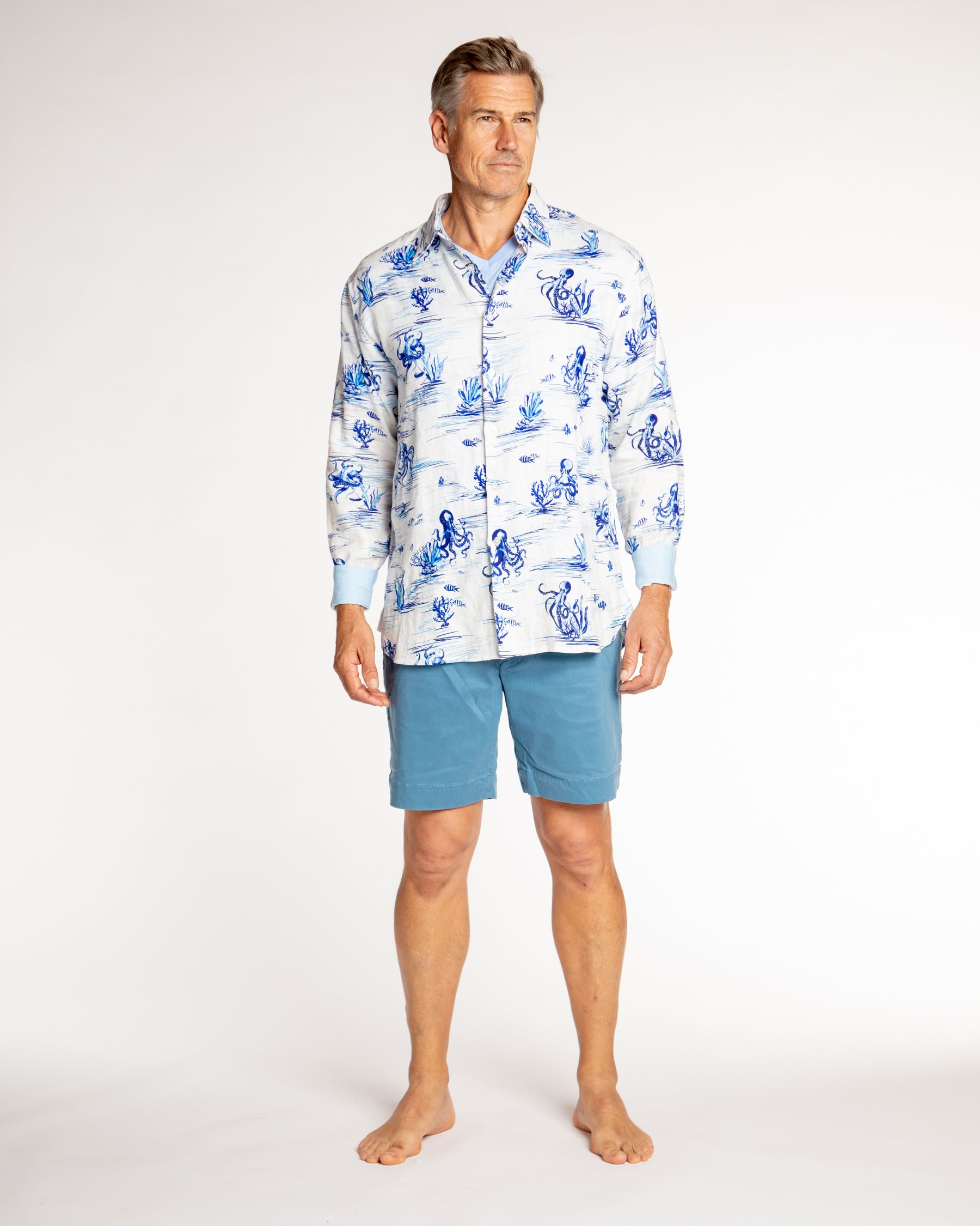 Men's Printed Linen Long Sleeve Shirt - Octopi White