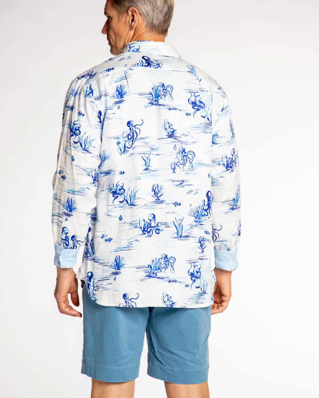 Men's Printed Linen Long Sleeve Shirt - Octopi White