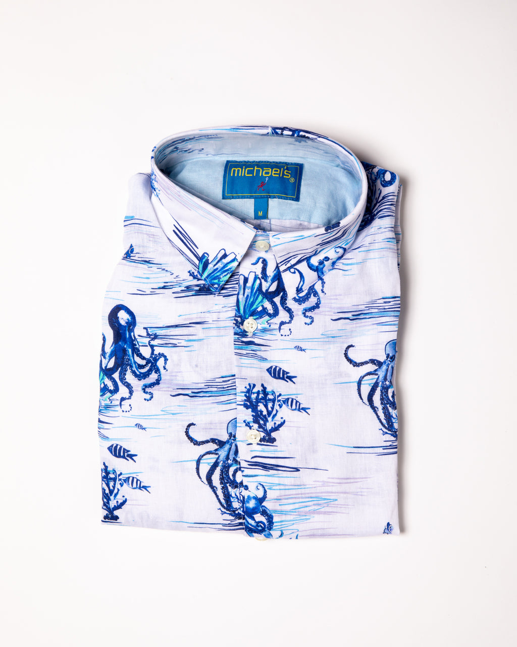 Men's Printed Linen Long Sleeve Shirt - Octopi White