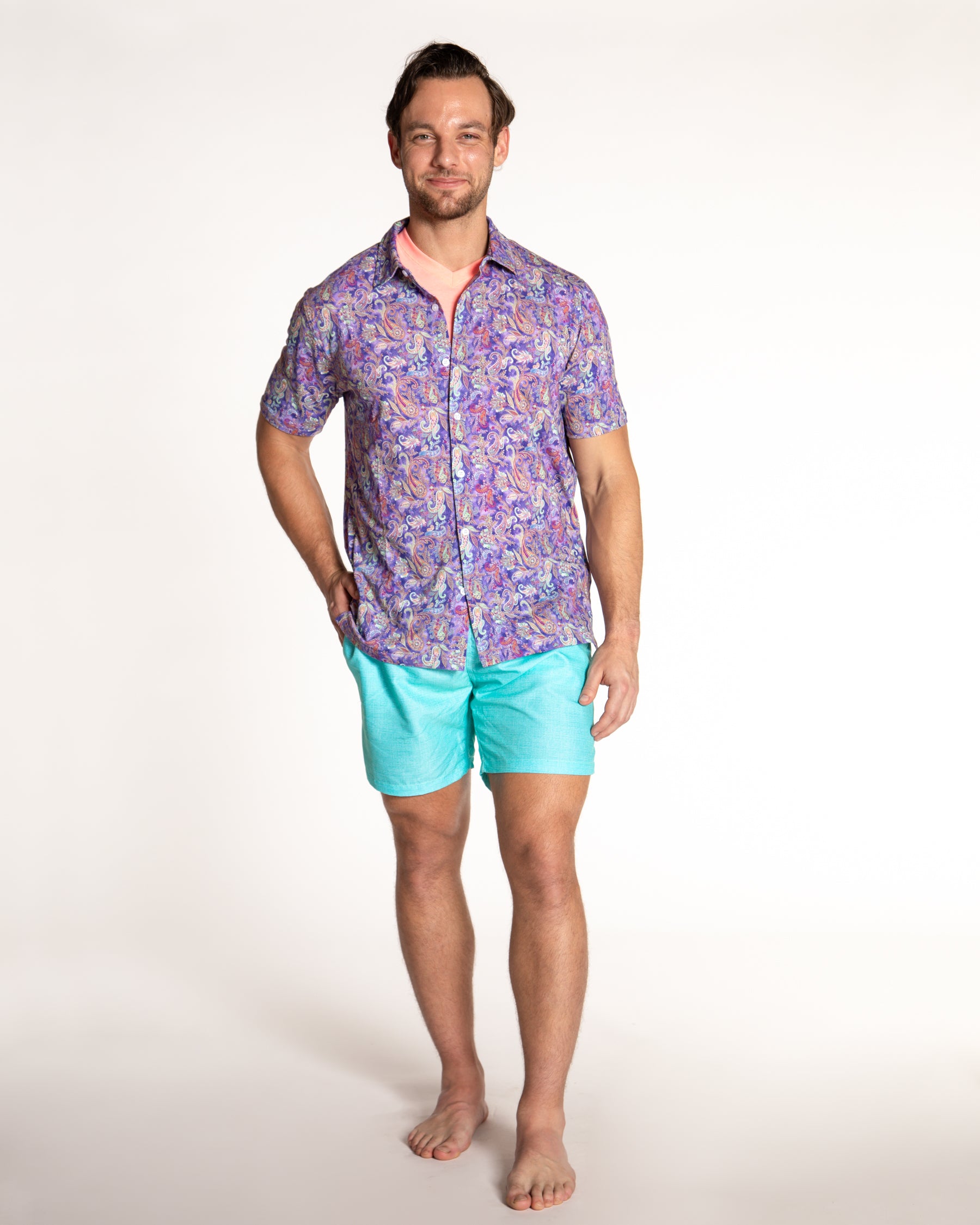 Men's Printed Pima Cotton Short Sleeve Shirt - Paisley Lavender
