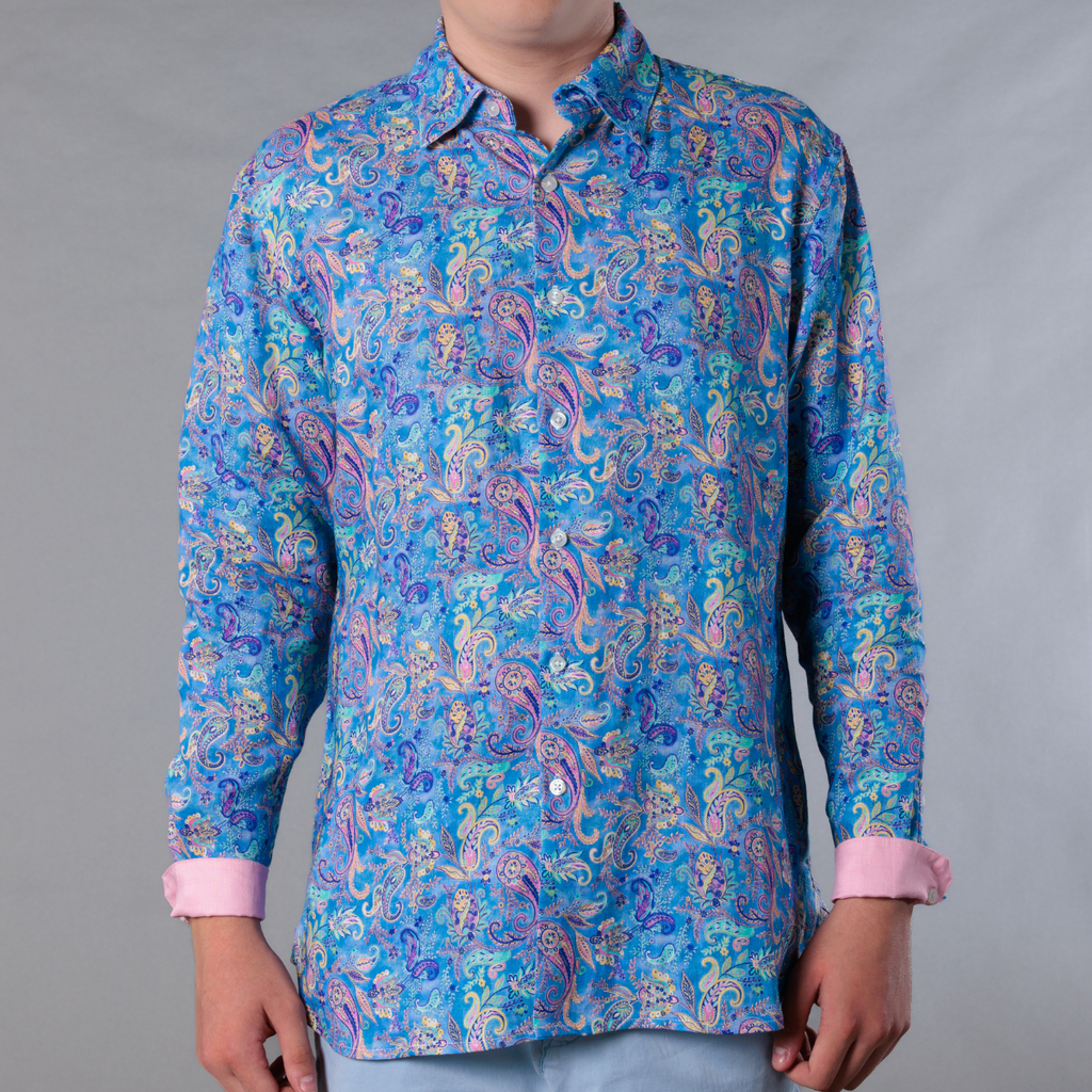 Men's Printed Long Sleeve Linen Shirt - Paisley Storm
