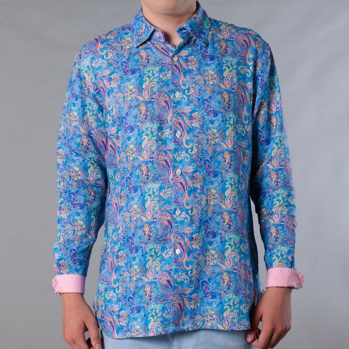 Men's Printed Long Sleeve Linen Shirt - Paisley Storm