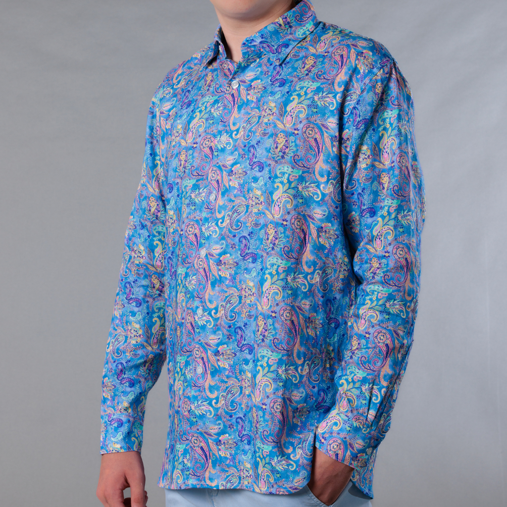 Men's Printed Long Sleeve Linen Shirt - Paisley Storm