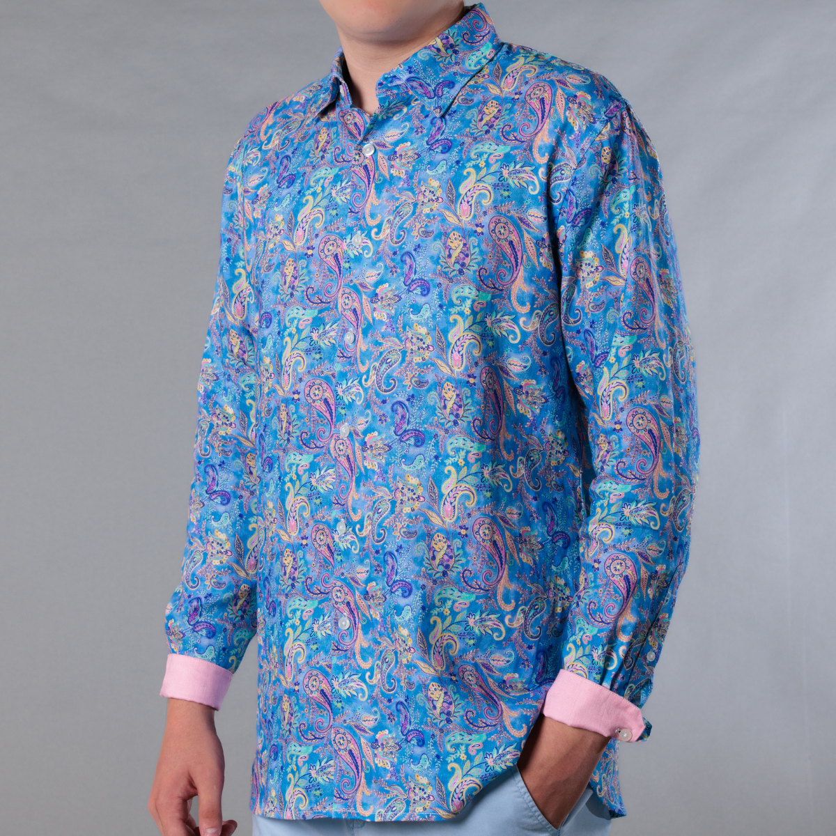 Men's Printed Long Sleeve Linen Shirt - Paisley Storm