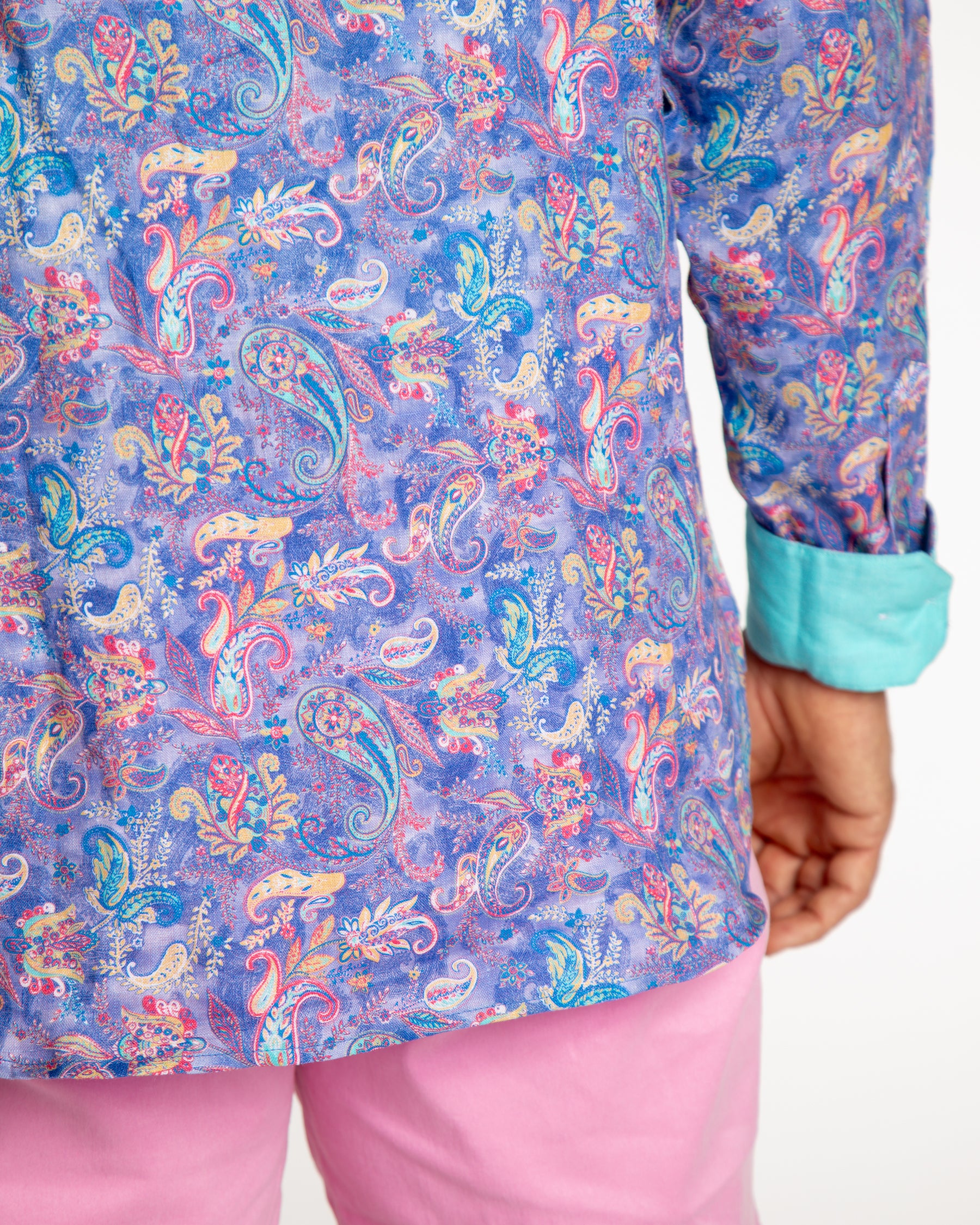 Men's Printed Linen Long Sleeve Shirt - Paisley Storm