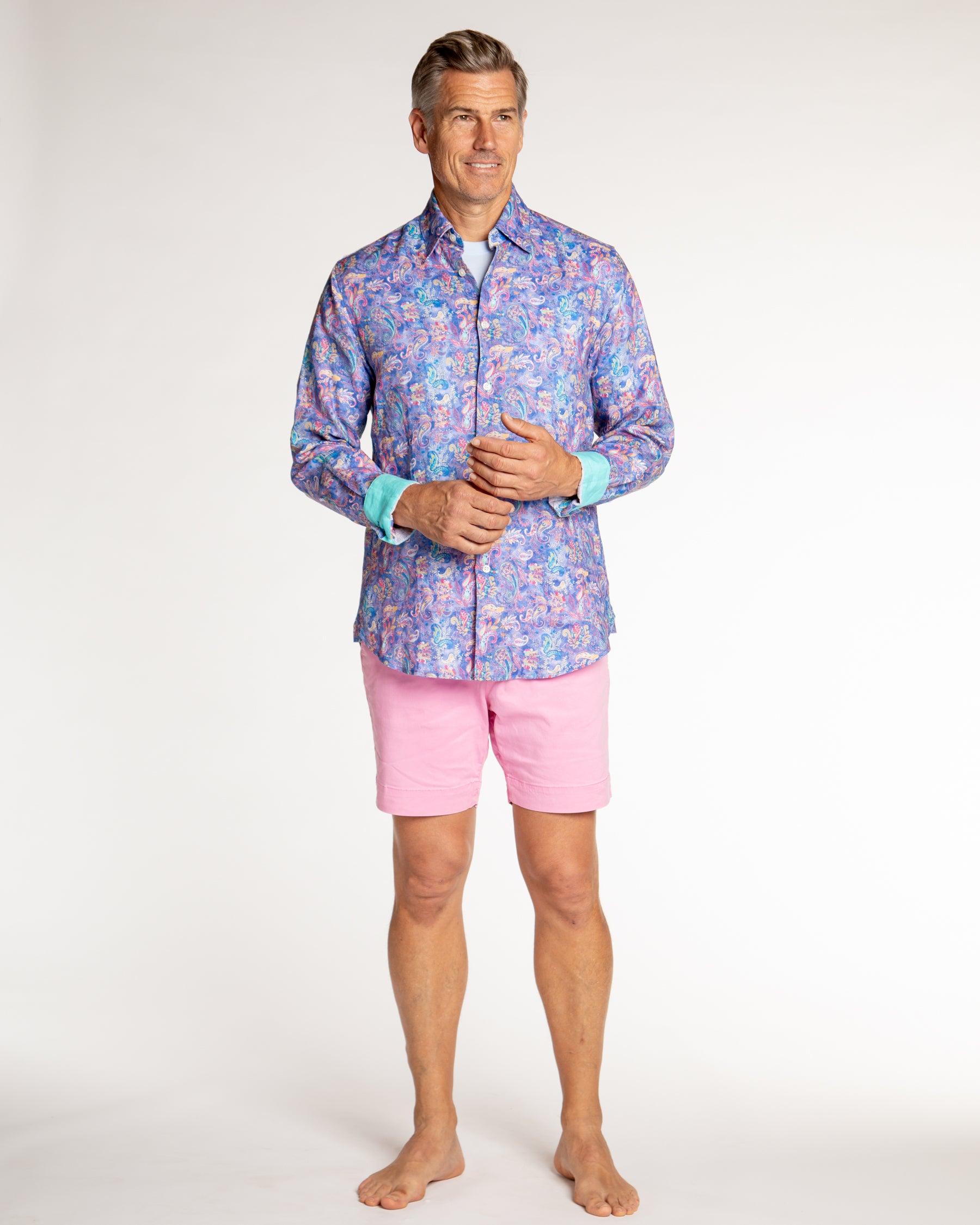 Men's Printed Linen Long Sleeve Shirt - Paisley Storm