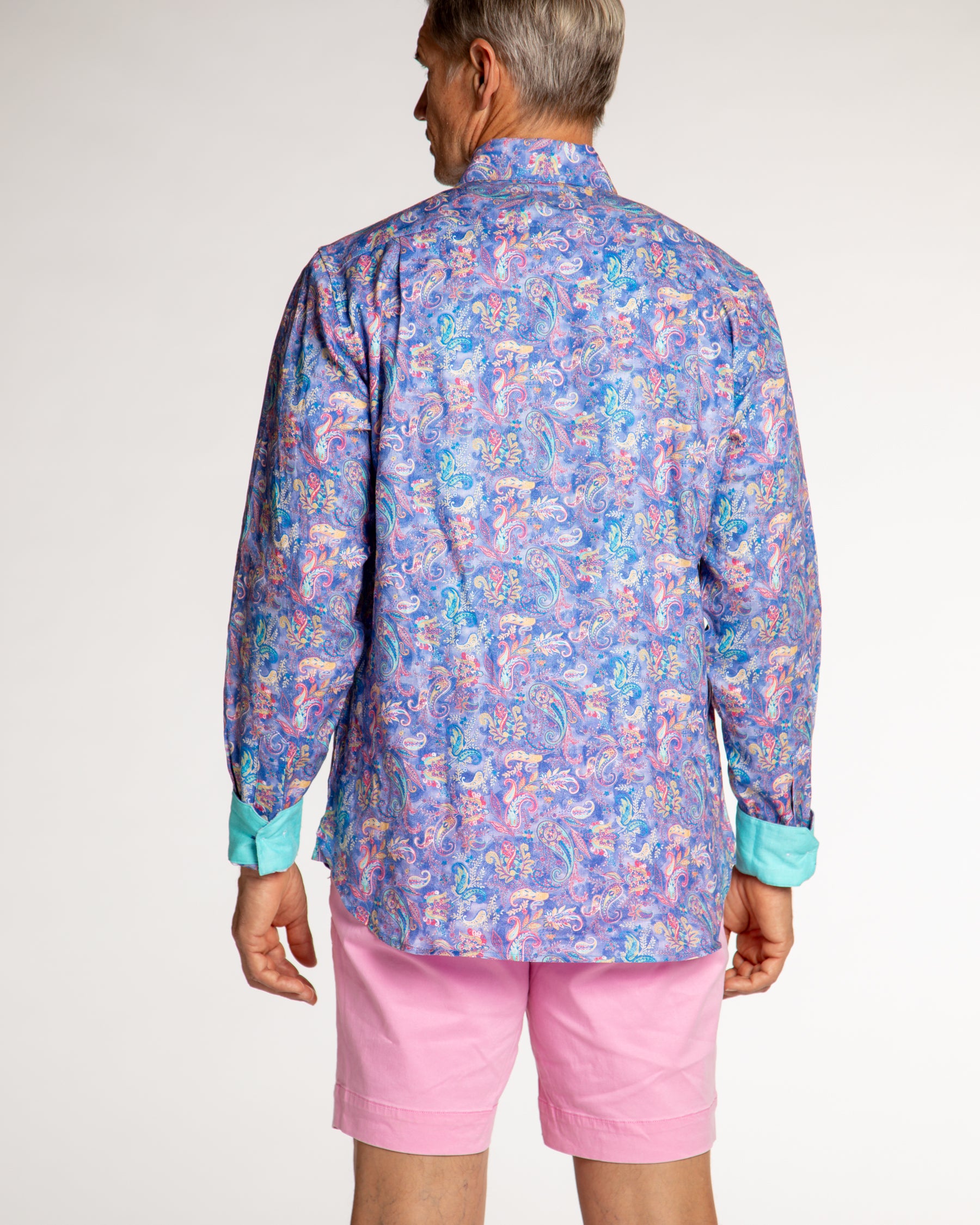 Men's Printed Linen Long Sleeve Shirt - Paisley Storm
