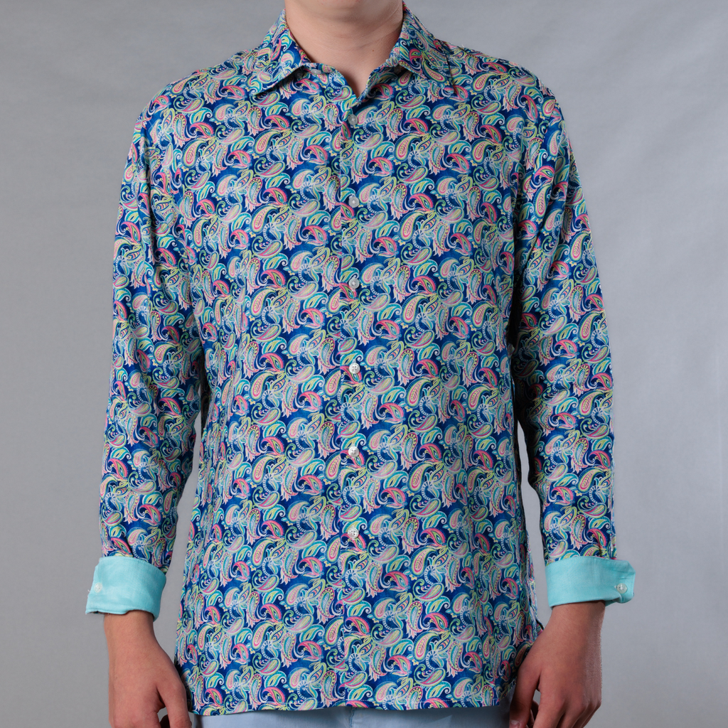 Men's Printed Long Sleeve Linen Shirt - Persian Royal Blue