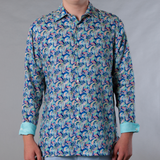 Men's Printed Long Sleeve Linen Shirt - Persian Royal Blue