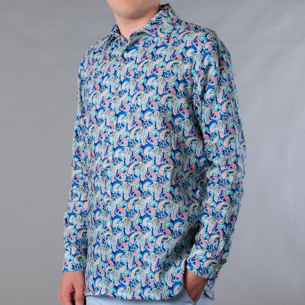 Men's Printed Long Sleeve Linen Shirt - Persian Royal Blue