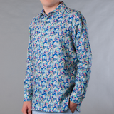 Men's Printed Long Sleeve Linen Shirt - Persian Royal Blue