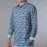 Men's Printed Long Sleeve Linen Shirt - Persian Royal Blue