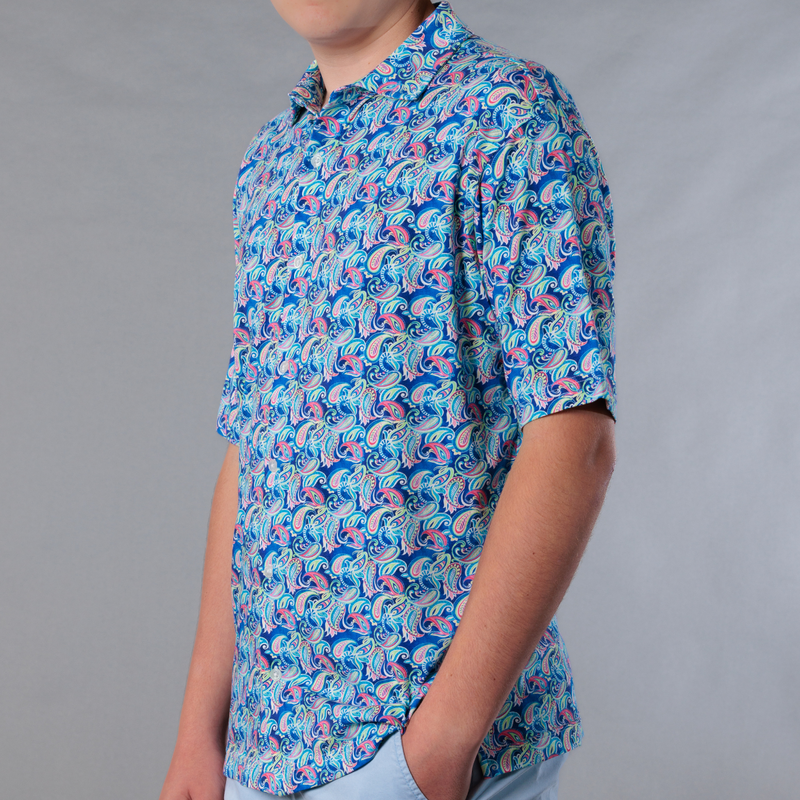 Men's Printed Pima Cotton / Stretch Short Sleeve Shirt - Persian Royal Blue
