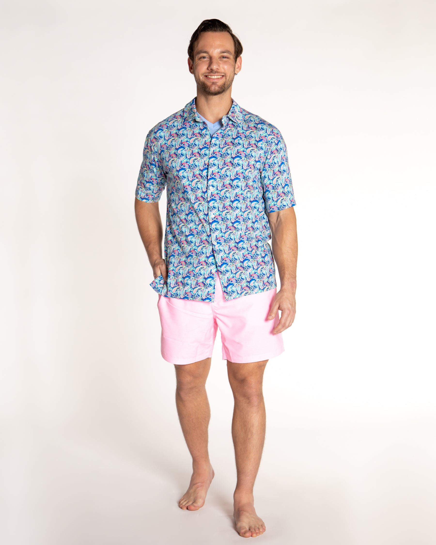 Men's Printed Pima Cotton Short Sleeve Shirt - Persian Royal Blue