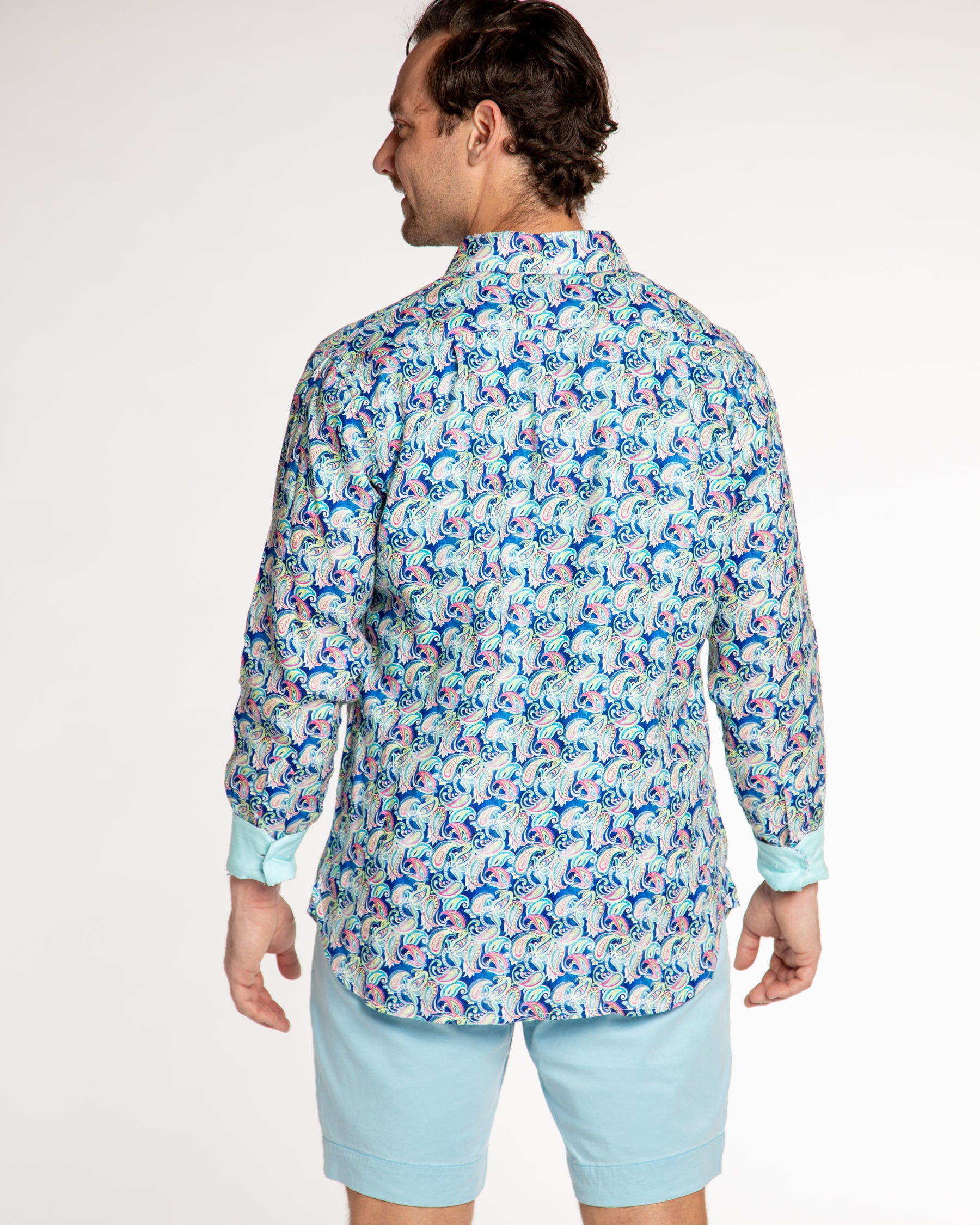 Men's Printed Linen Long Sleeve Shirt - Persian Royal