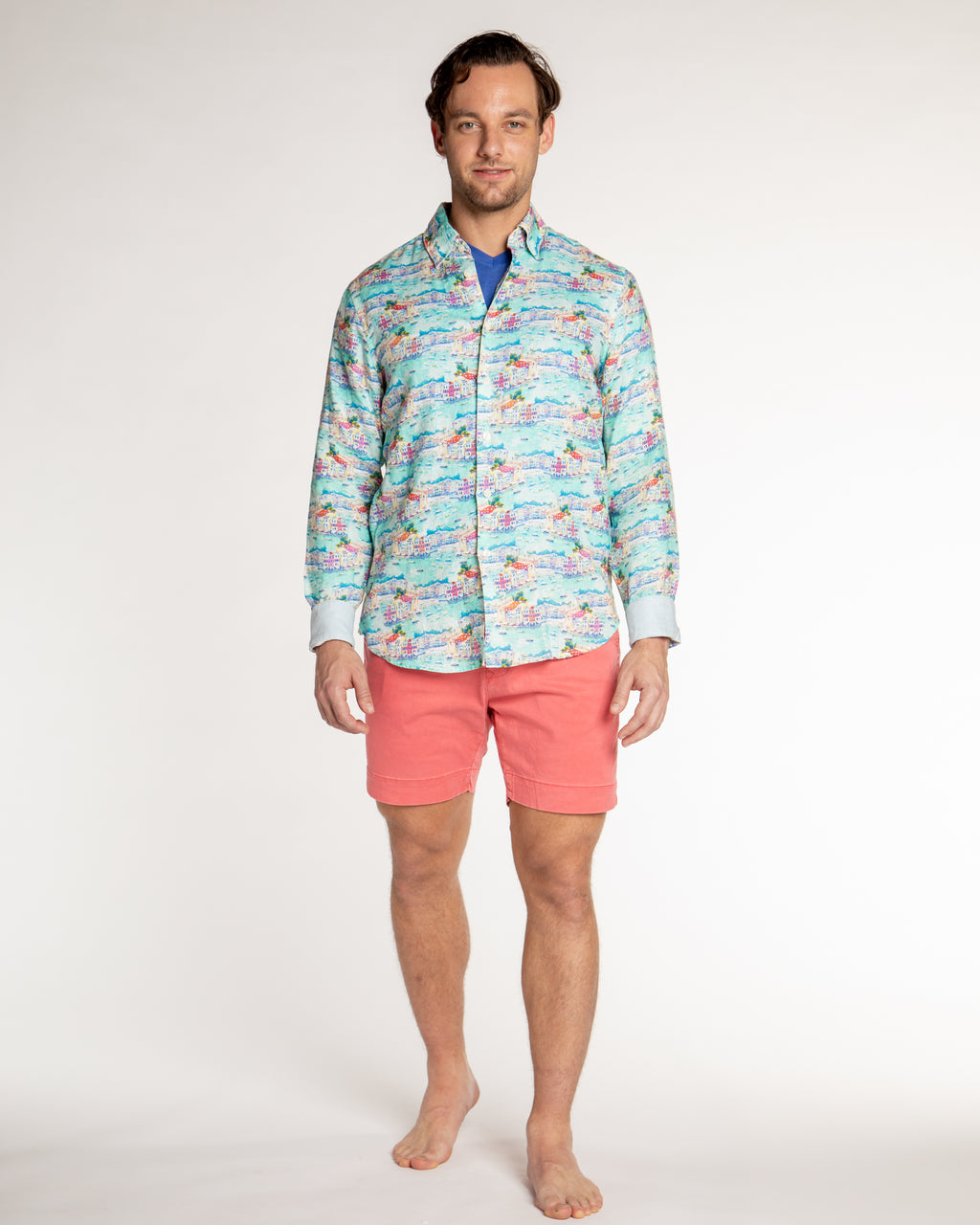 Men's Printed Linen Long Sleeve Shirt - Portofino Multicolored