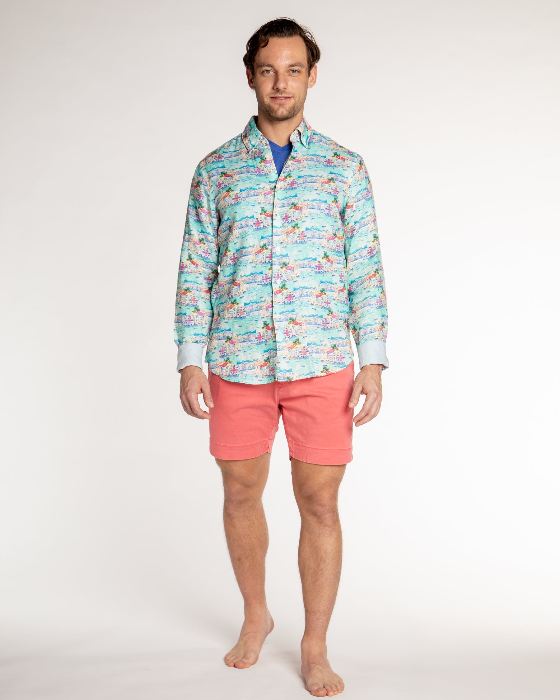 Men's Printed Linen Long Sleeve Shirt - Portofino Multicolored