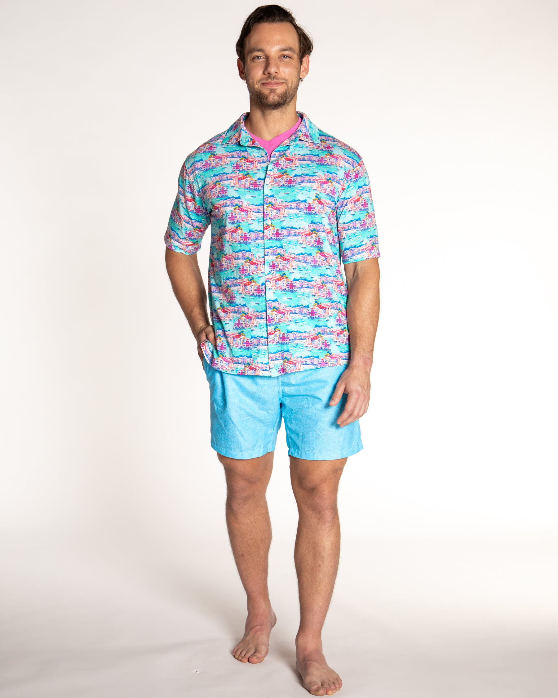 Men's Printed Pima Cotton Short Sleeve Shirt - Portofino Multicolored