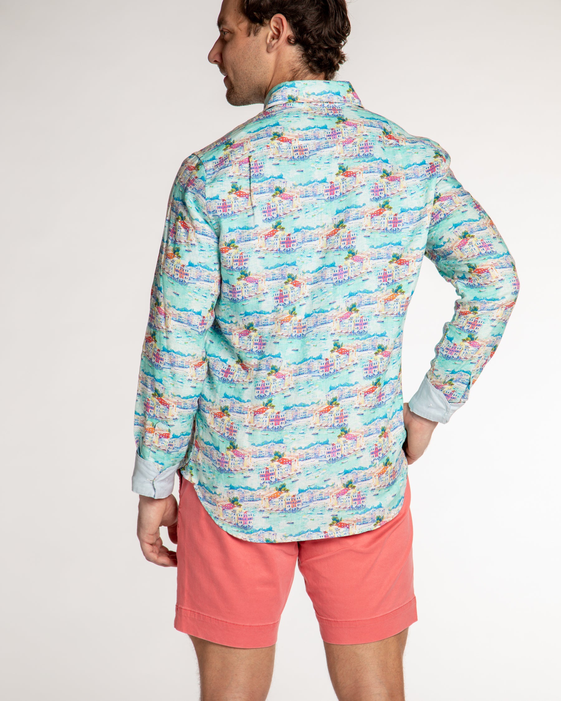 Men's Printed Linen Long Sleeve Shirt - Portofino Multicolored