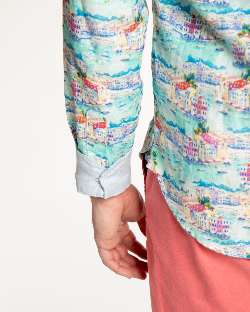 Men's Printed Linen Long Sleeve Shirt - Portofino Multicolored