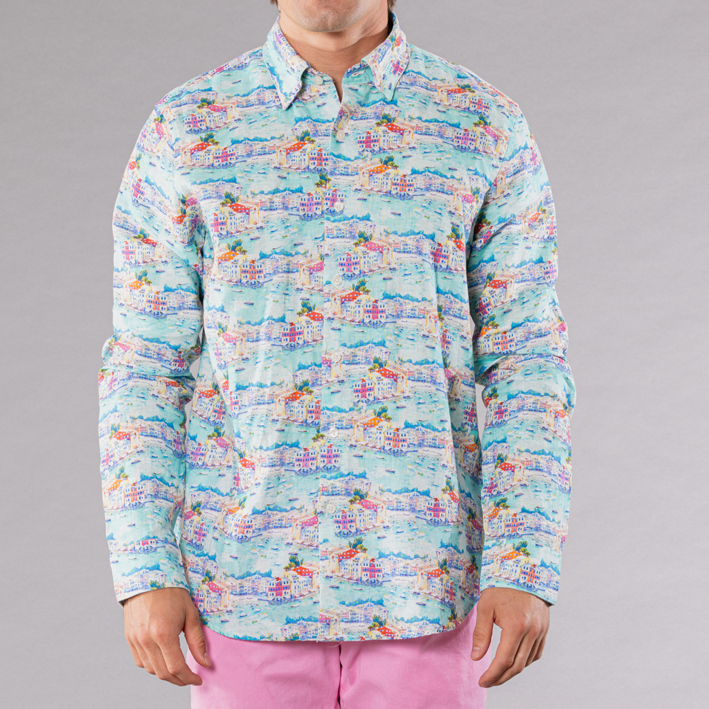 Men's Printed Long Sleeve Linen Shirt - Portofino Multicolored