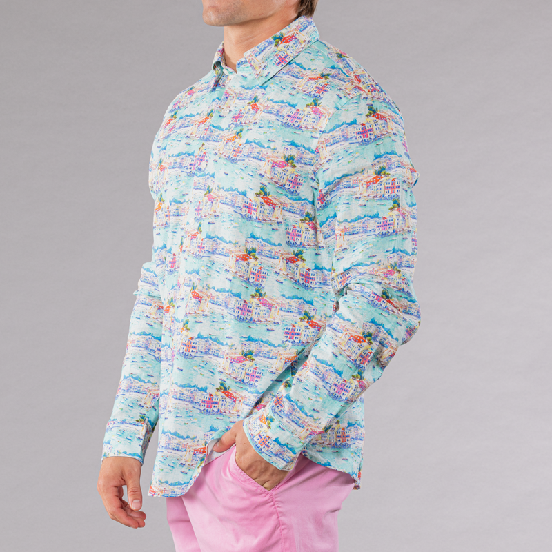Men's Printed Long Sleeve Linen Shirt - Portofino Multicolored