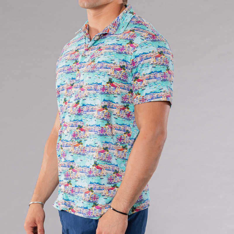 Men's Printed Pima Cotton / Stretch Short Sleeve Shirt - Portofino Multicolored