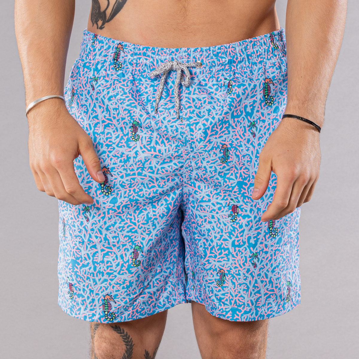 Men's Cyclist Liner Swim Trunks - Rainbow Seahorses Aqua