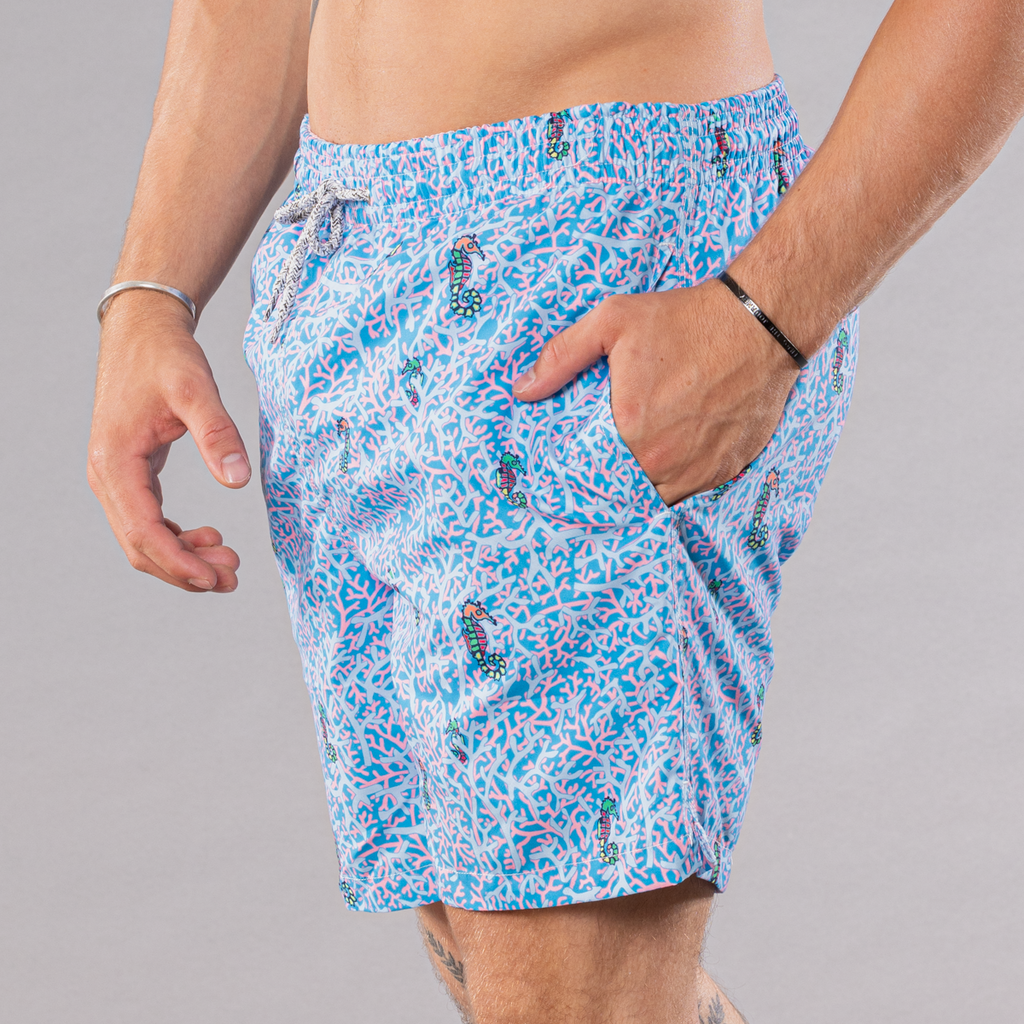 Men's Cyclist Liner Swim Trunks - Rainbow Seahorses Aqua