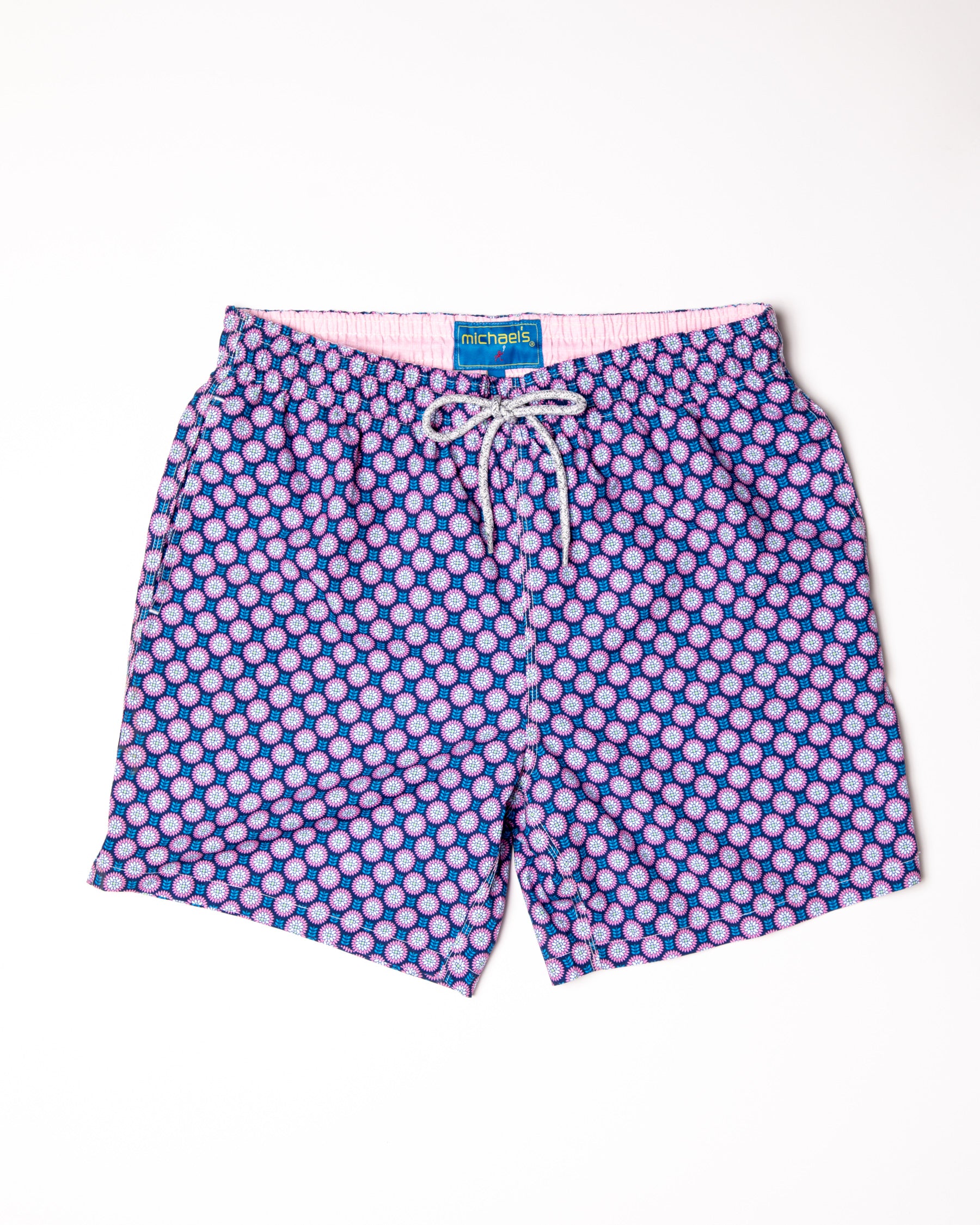 Men's Mesh Liner Swim Trunks - Retro Flowers Navy/Coral