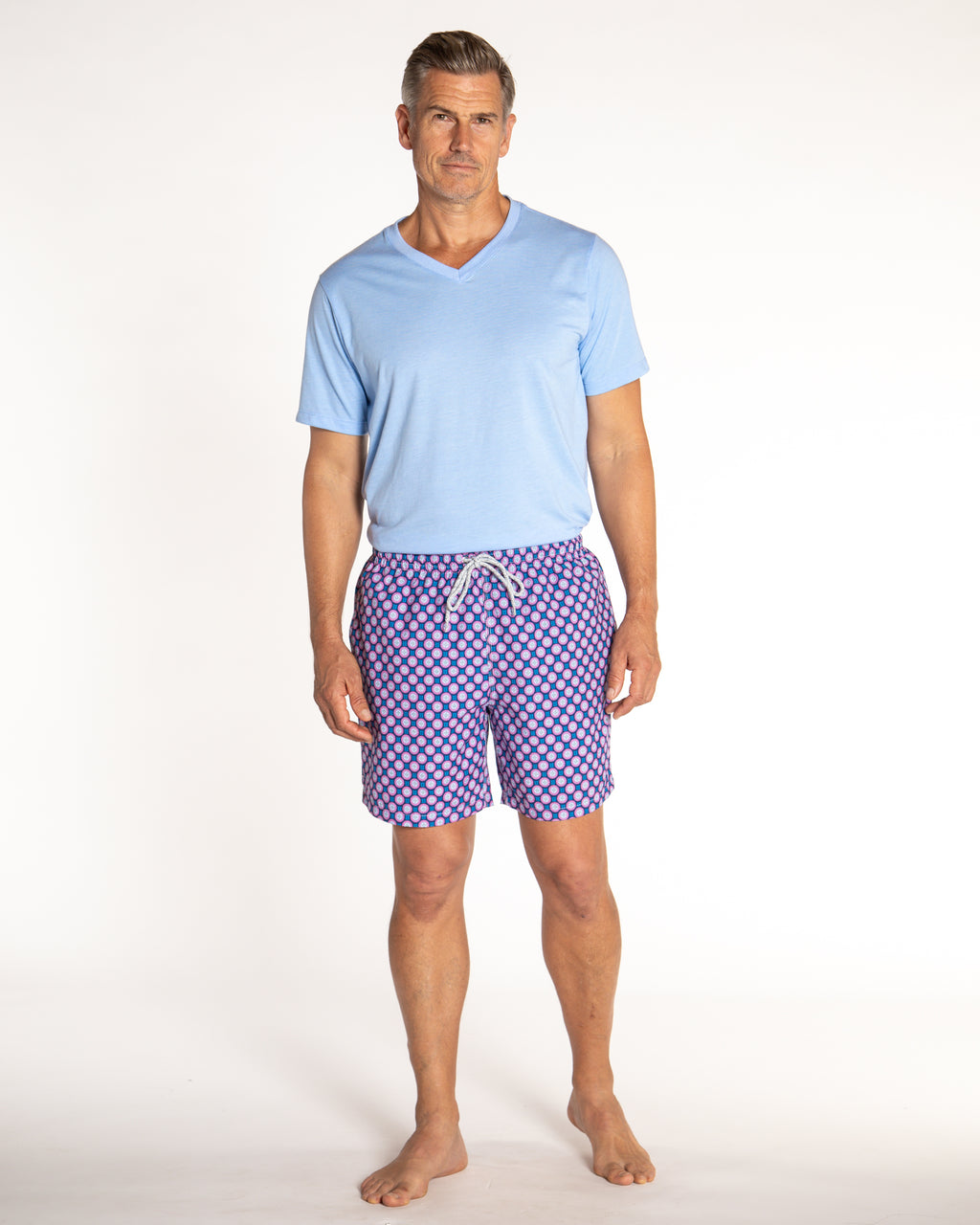 Men's Cyclist Liner Swim Trunks - Retro Flowers Navy/Coral