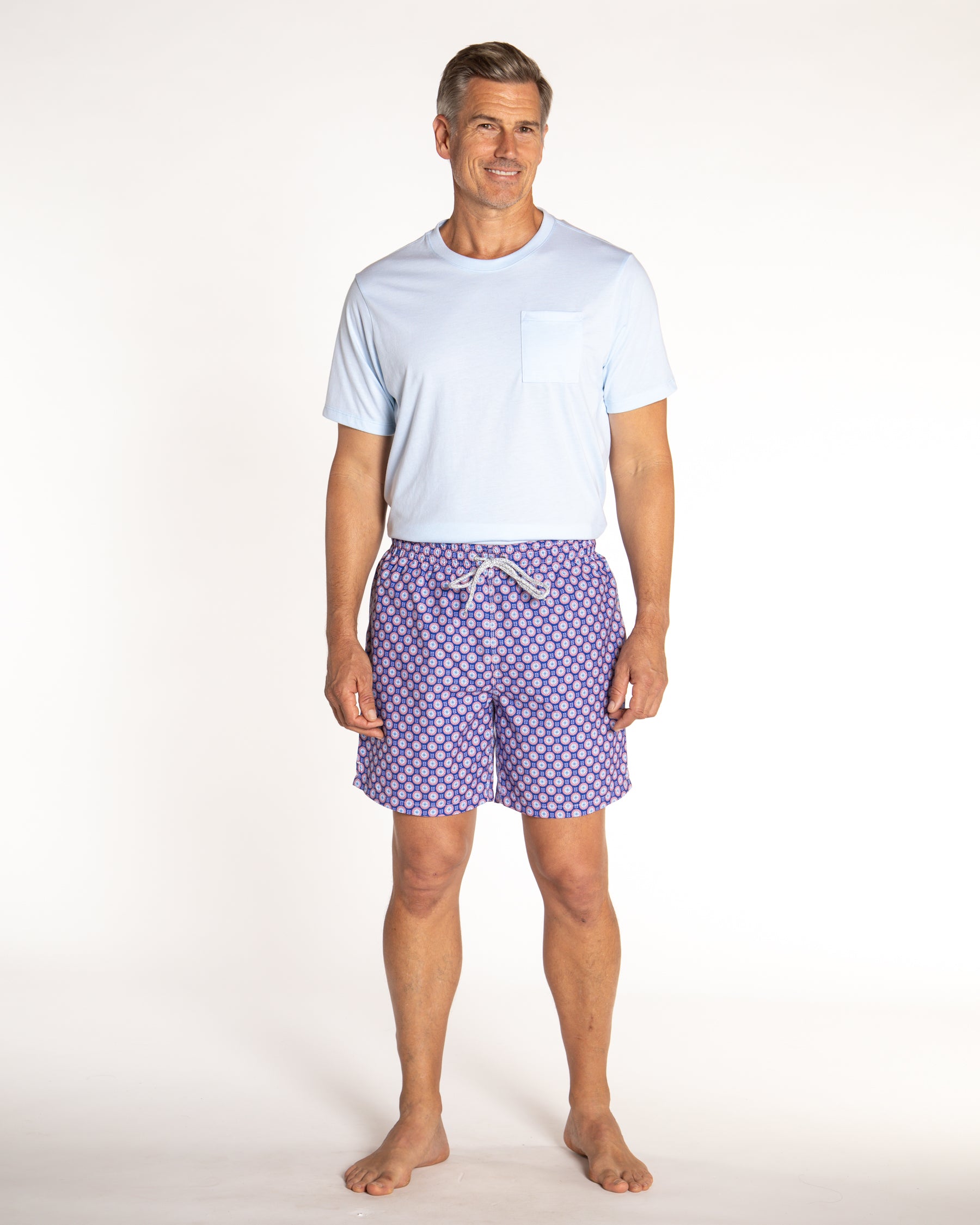 Men's Mesh Liner Swim Trunks - Retro Flowers Navy/Orange