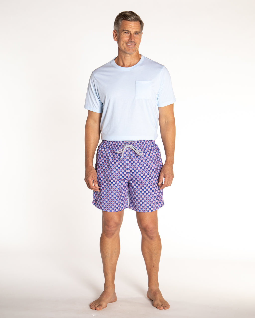 Men's Cyclist Liner Swim Trunks - Retro Flowers Navy/Orange
