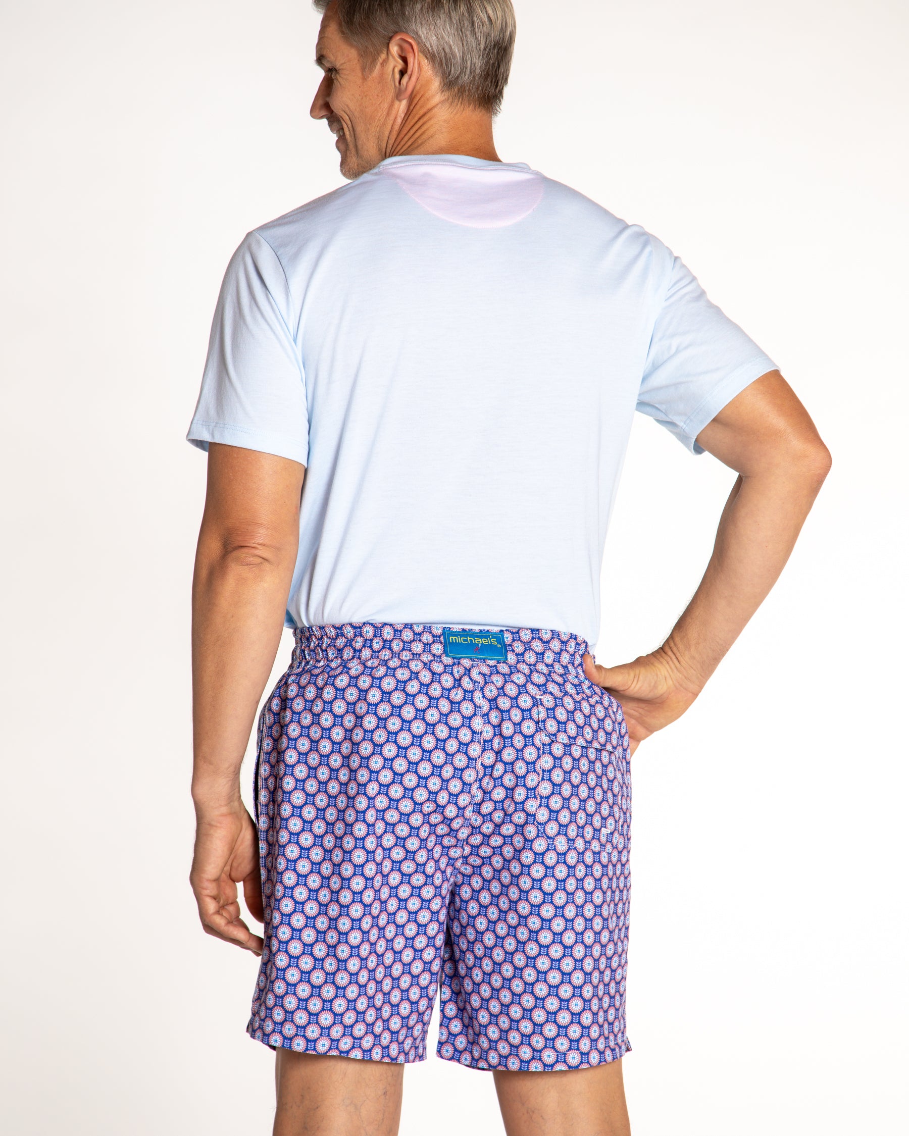 Men's Mesh Liner Swim Trunks - Retro Flowers Navy/Orange