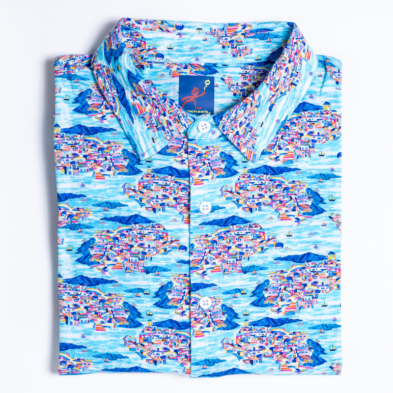 Men's Printed Pima Cotton / Stretch Short Sleeve Shirt - Santorini Multicolored