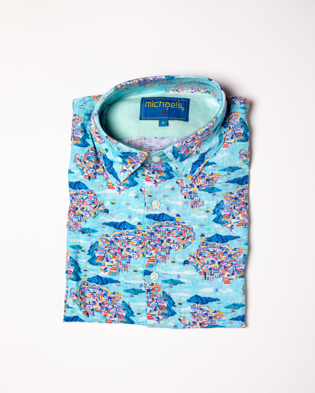 Men's Printed Linen Long Sleeve Shirt - Santorini Multicolored