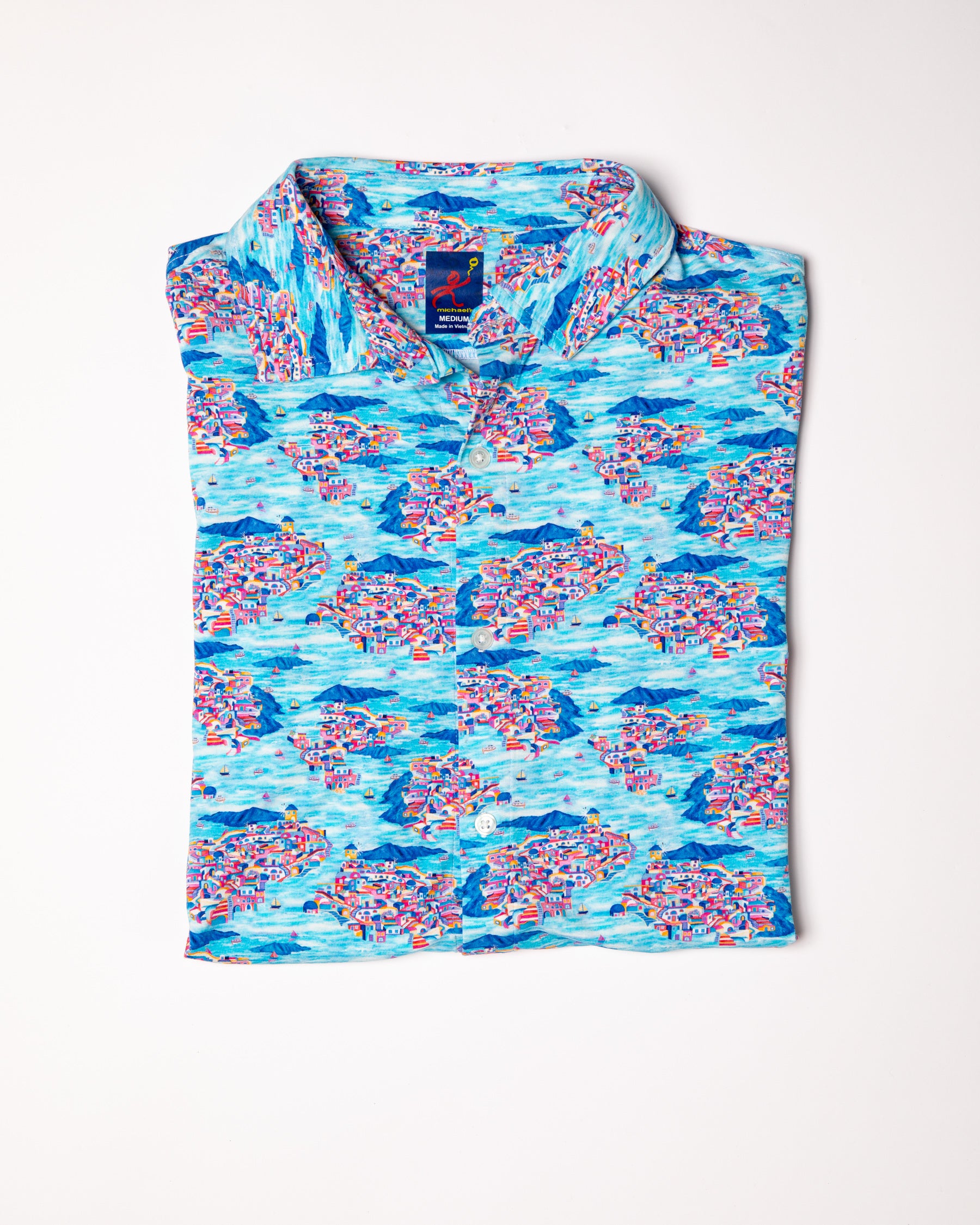 Men's Printed Pima Cotton Short Sleeve Shirt - Santorini Multicolored