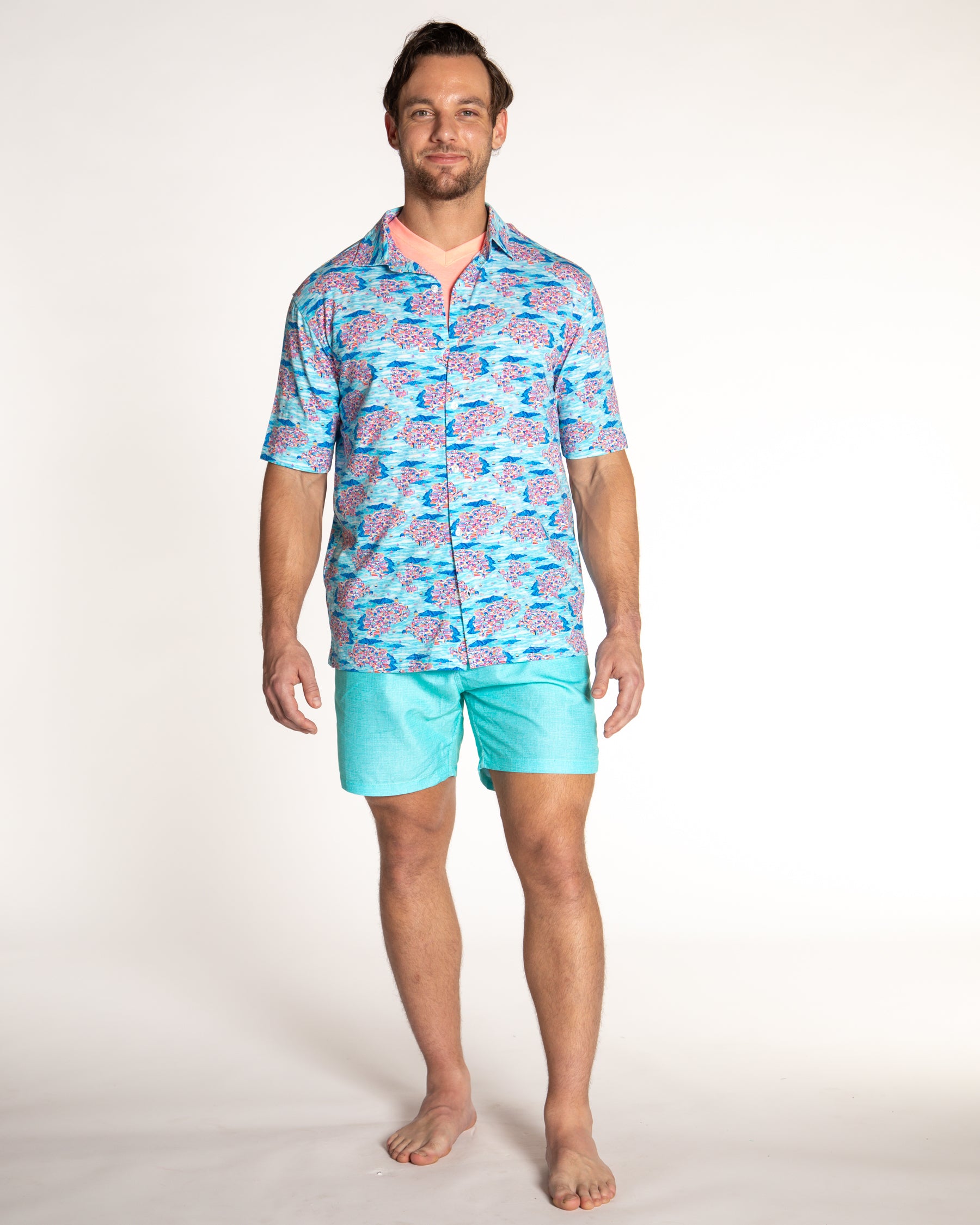 Men's Printed Pima Cotton Short Sleeve Shirt - Santorini Multicolored