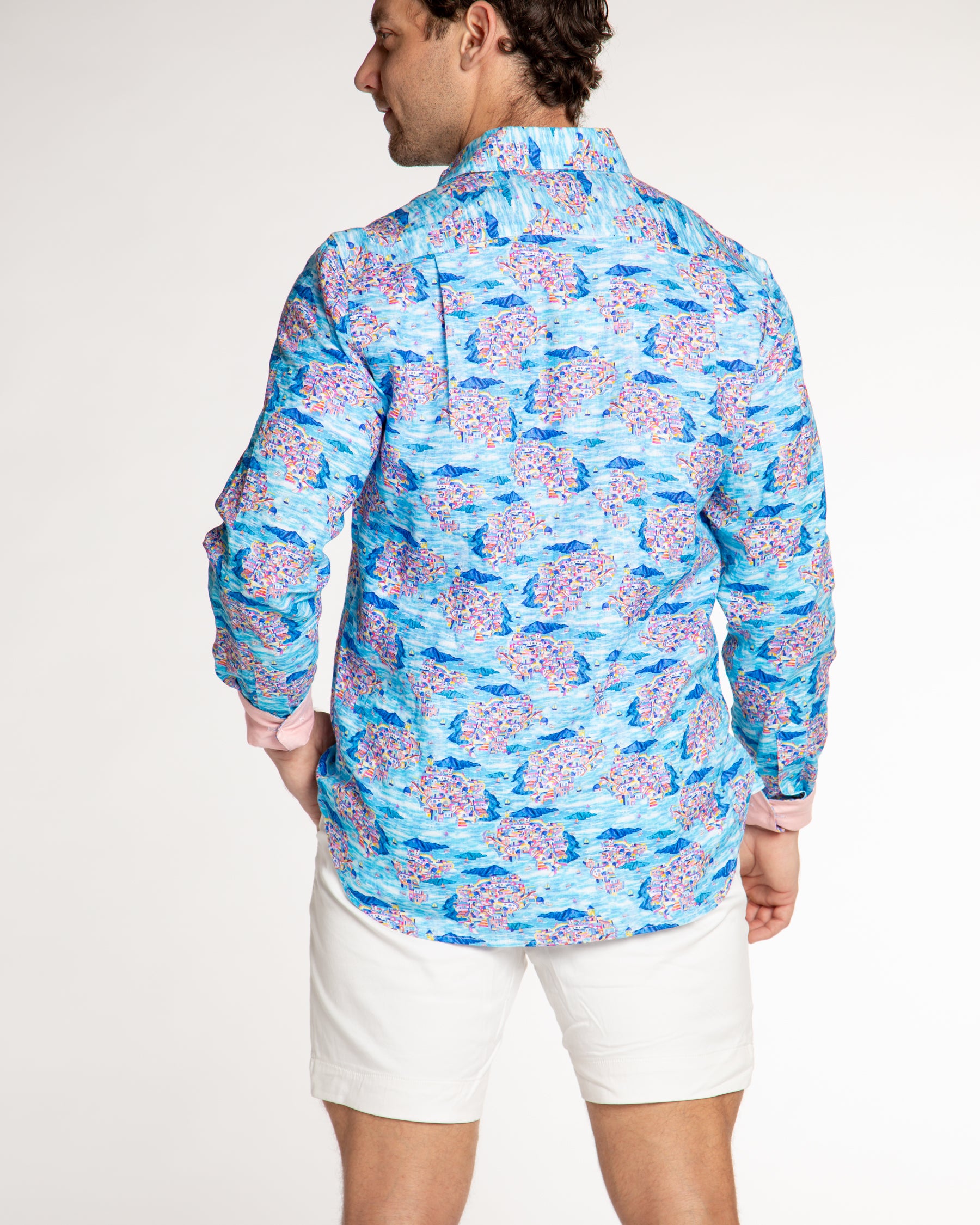 Men's Printed Linen Long Sleeve Shirt - Santorini Multicolored