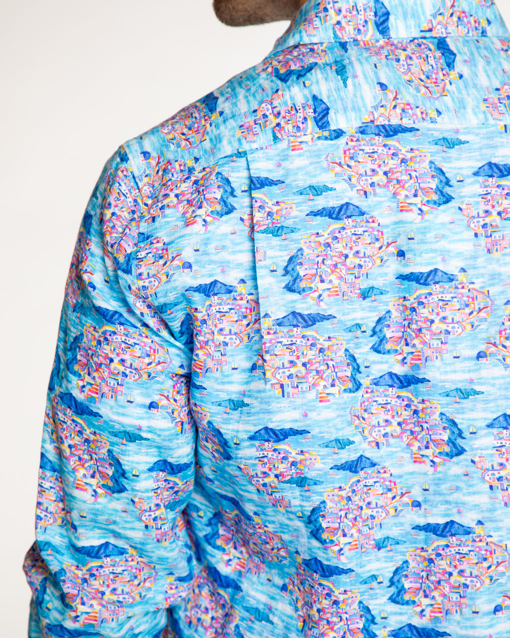 Men's Printed Linen Long Sleeve Shirt - Santorini Multicolored