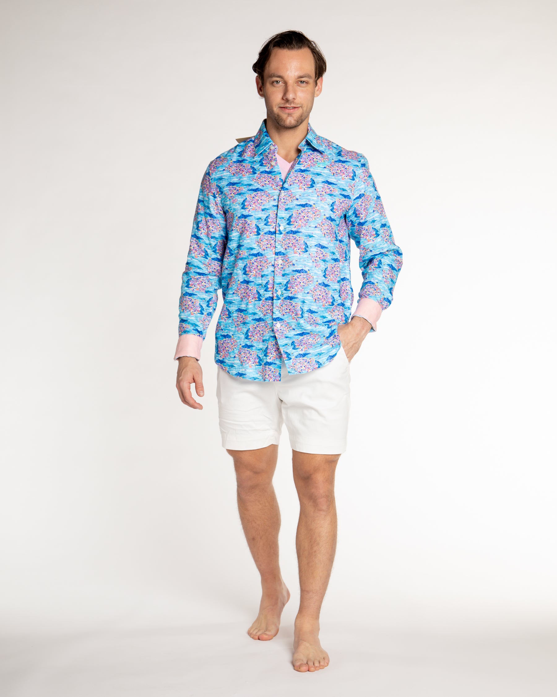 Men's Printed Linen Long Sleeve Shirt - Santorini Multicolored