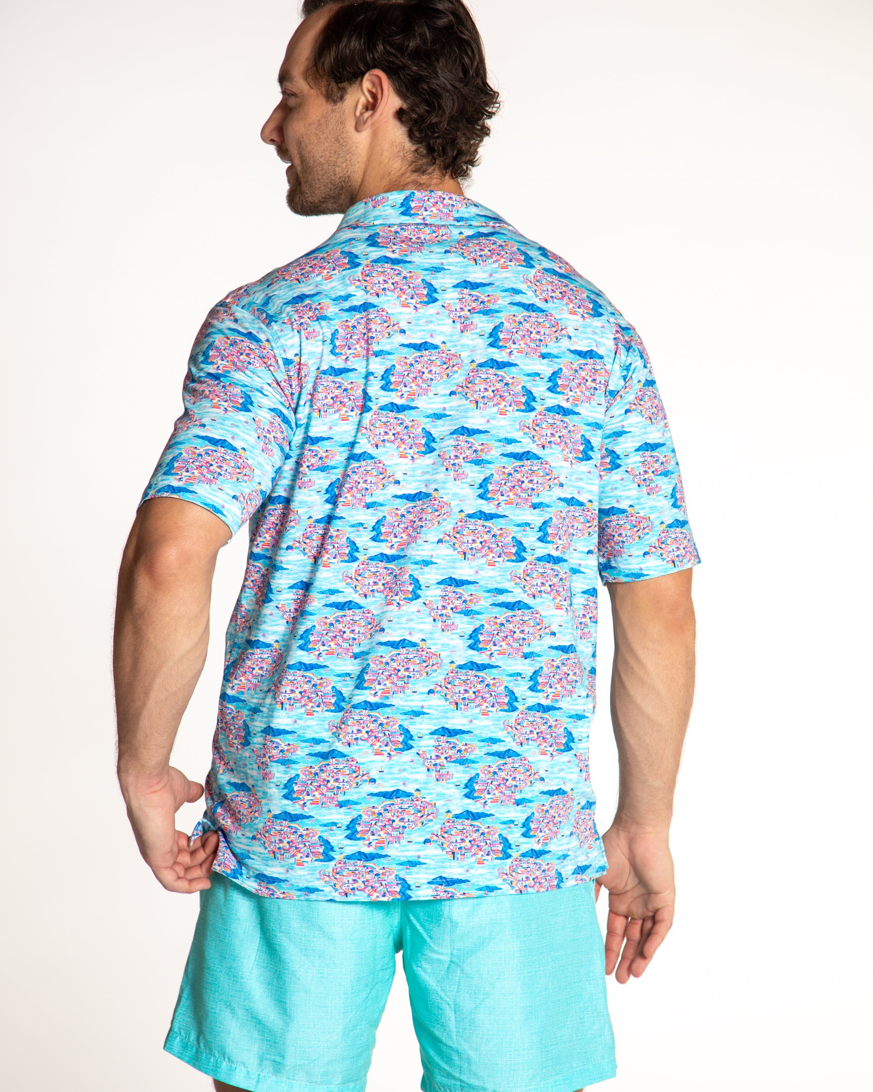 Men's Printed Pima Cotton Short Sleeve Shirt - Santorini Multicolored