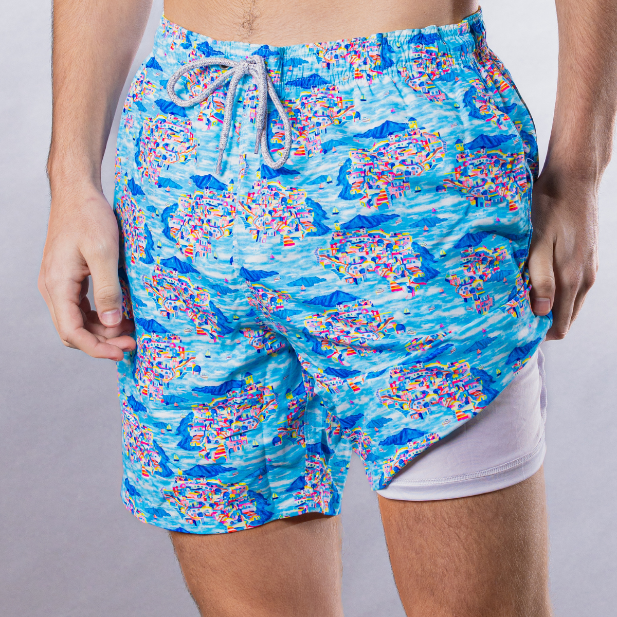 Men's Cyclist Liner Swim Trunks - Santorini Multicolored