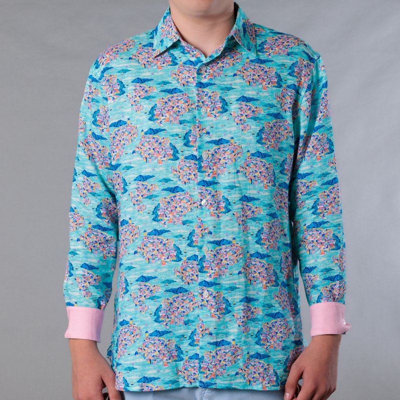 Men's Printed Long Sleeve Linen Shirt - Santorini Multicolored