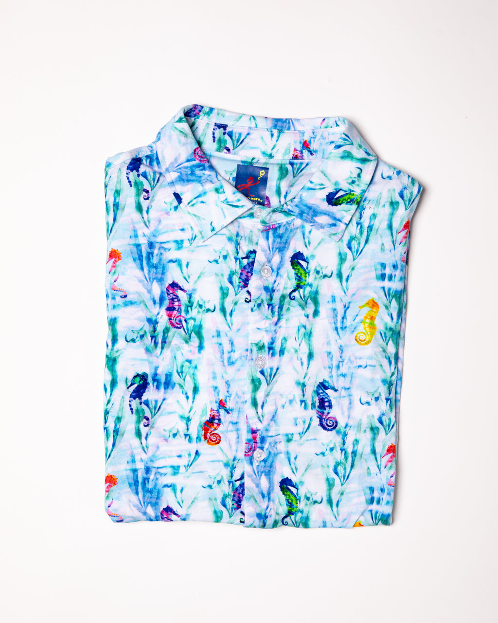 Men's Printed Pima Cotton Short Sleeve Shirt - Seahorses in the Grass Blue