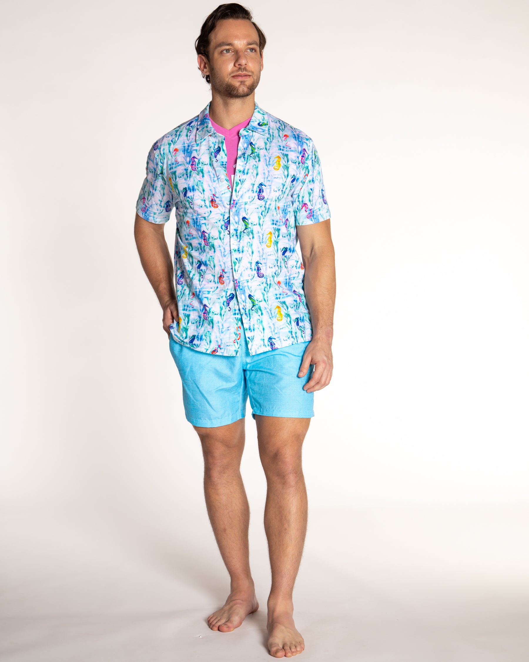 Men's Printed Pima Cotton Short Sleeve Shirt - Seahorses in the Grass Blue