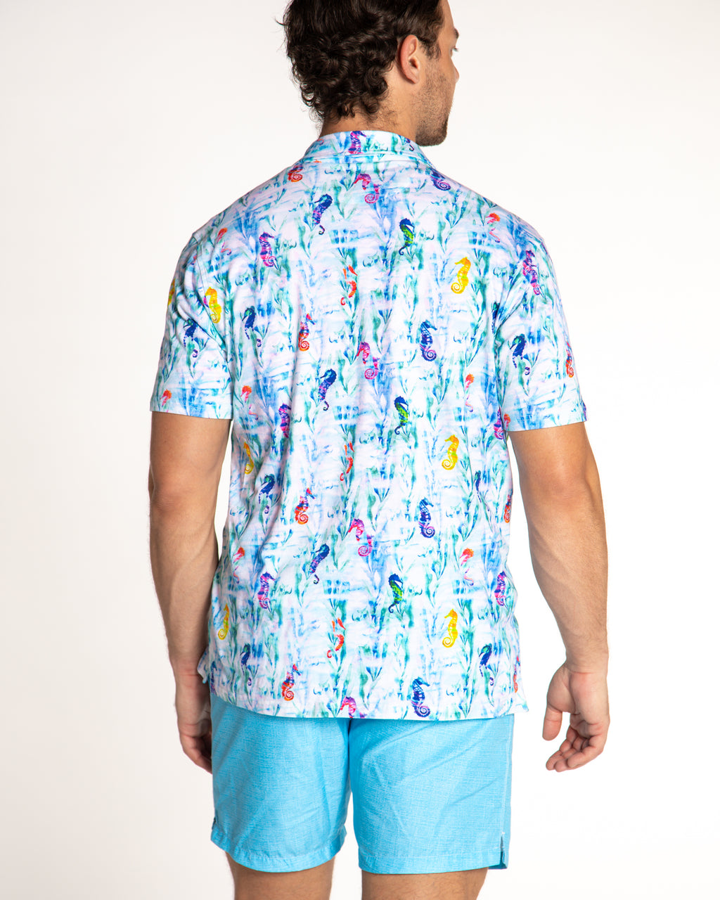 Men's Printed Pima Cotton Short Sleeve Shirt - Seahorses in the Grass Blue