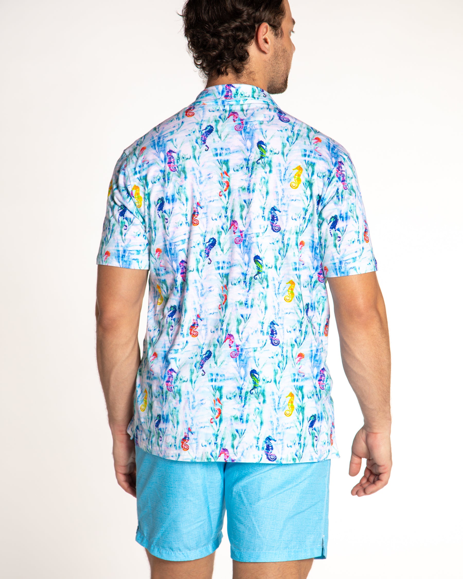 Men's Printed Pima Cotton Short Sleeve Shirt - Seahorses in the Grass Blue