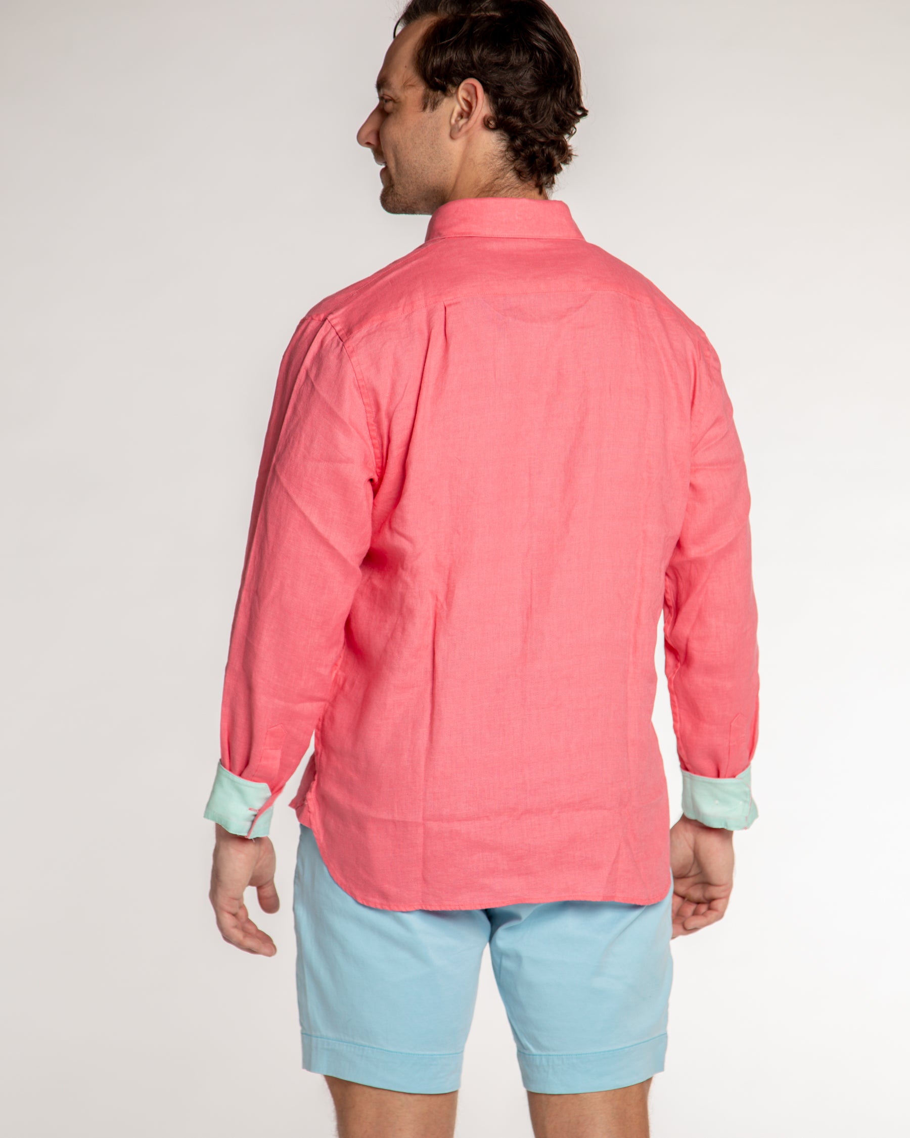 Men's Solid Linen Long Sleeve Shirt - Coral